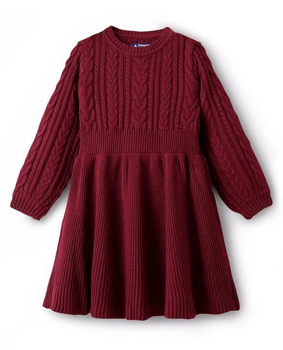 Pine Kids Knit Full Sleeves Woolen Dress  with Cable Knit Design - Maroon