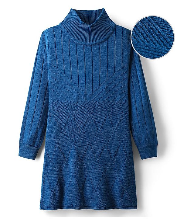 Pine Kids Full Sleeves High Neck Woolen Dress with Argyle Design - Blue