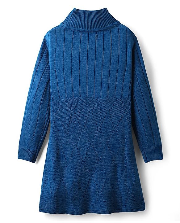 Pine Kids Full Sleeves High Neck Woolen Dress with Argyle Design - Blue