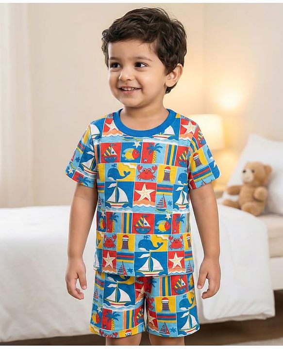 Babyhug Cotton Knit Half Sleeves Co-ords Shorts Night Suit with Nautical Theme Print - Blue