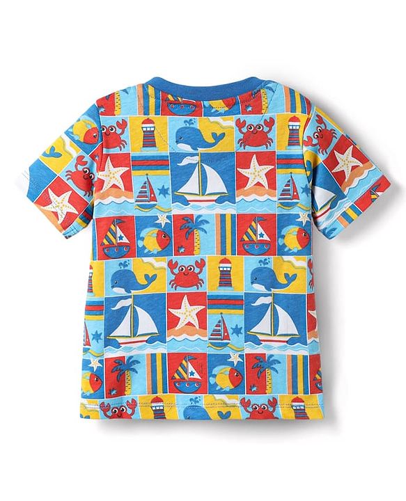 Babyhug Cotton Knit Half Sleeves Co-ords Shorts Night Suit with Nautical Theme Print - Blue