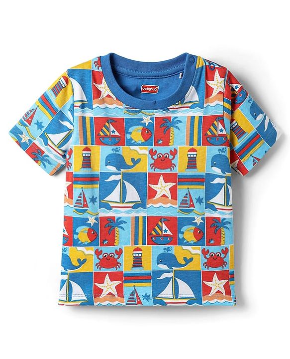 Babyhug Cotton Knit Half Sleeves Co-ords Shorts Night Suit with Nautical Theme Print - Blue