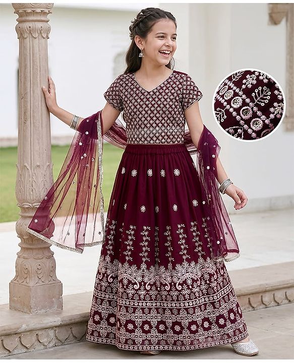 Pine Kids Woven Half Sleeves Choli Lehenga & Dupatta Set Floral Embriodery & Lace Detailing - Wine