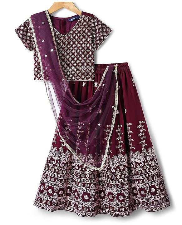 Pine Kids Woven Half Sleeves Choli Lehenga & Dupatta Set Floral Embriodery & Lace Detailing - Wine