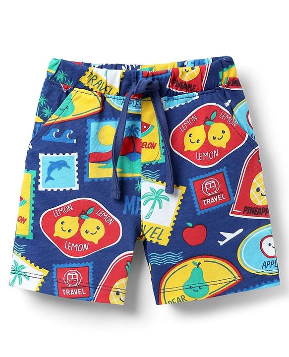 Babyhug Cotton Knit Half Sleeves Co-ords Shorts Night Suit with Tropical Theme Print - Navy Blue