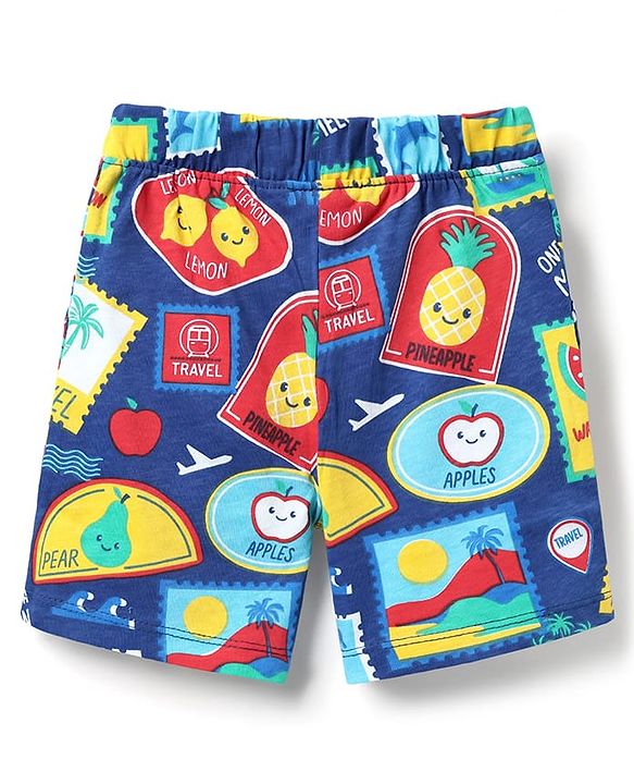Babyhug Cotton Knit Half Sleeves Co-ords Shorts Night Suit with Tropical Theme Print - Navy Blue