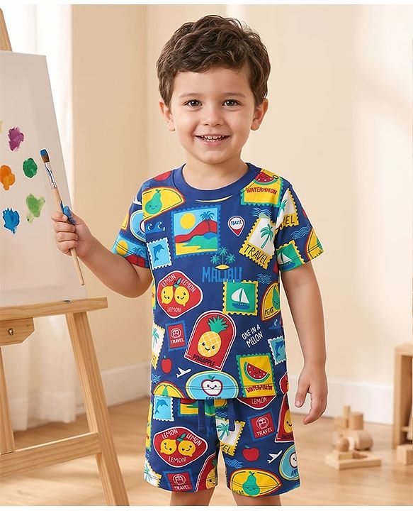 Babyhug Cotton Knit Half Sleeves Co-ords Shorts Night Suit with Tropical Theme Print - Navy Blue