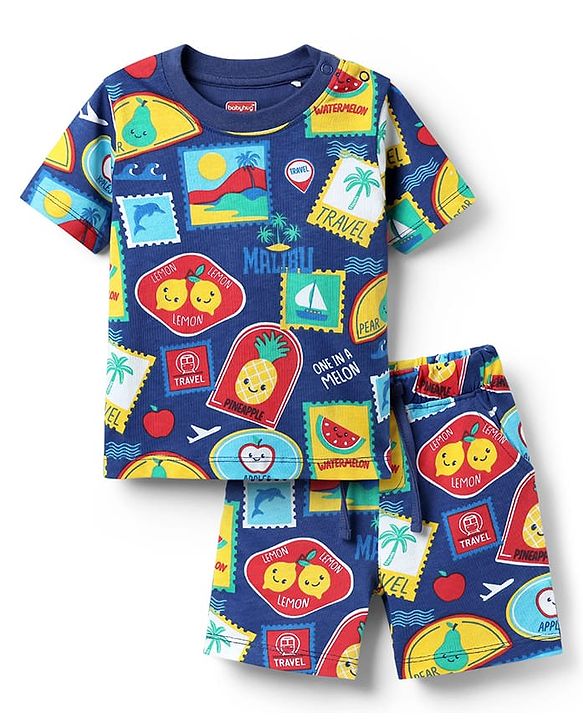 Babyhug Cotton Knit Half Sleeves Co-ords Shorts Night Suit with Tropical Theme Print - Navy Blue