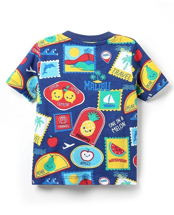 Babyhug Cotton Knit Half Sleeves Co-ords Shorts Night Suit with Tropical Theme Print - Navy Blue