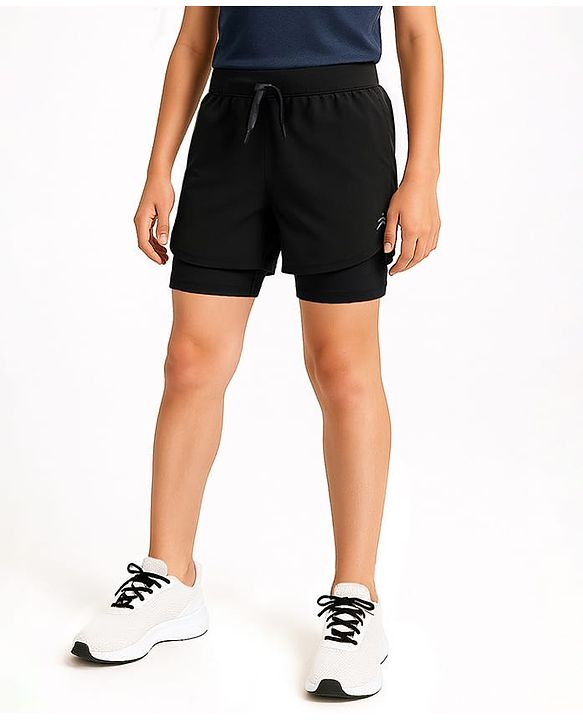 Pine Active Ultra Light Woven Above Knee Length Solid Color Shorts with High Stretch Inner Tights - Black