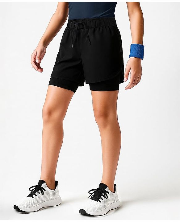 Pine Active Ultra Light Woven Above Knee Length Solid Color Shorts with High Stretch Inner Tights - Black