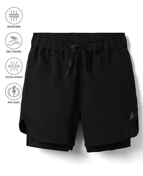 Pine Active Ultra Light Woven Above Knee Length Solid Color Shorts with High Stretch Inner Tights - Black