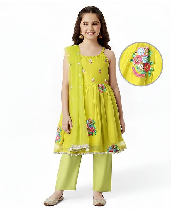 Pine Kids Woven Sleeveless Kurta Salwar Set With Floral Embroidery & Dupatta - Lime Green