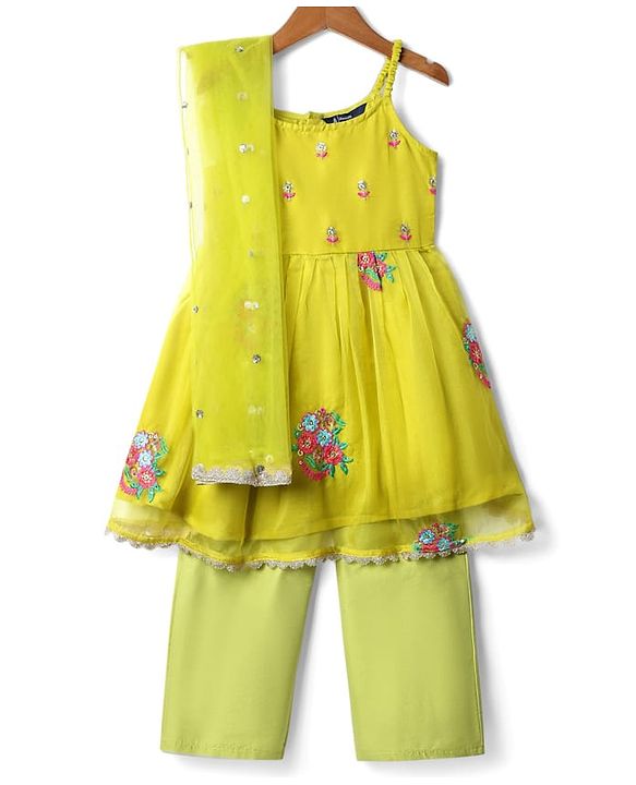 Pine Kids Woven Sleeveless Kurta Salwar Set With Floral Embroidery & Dupatta - Lime Green