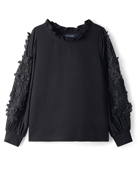Pine Kids Woven Full Sleeves Top With Floral Patches - Black