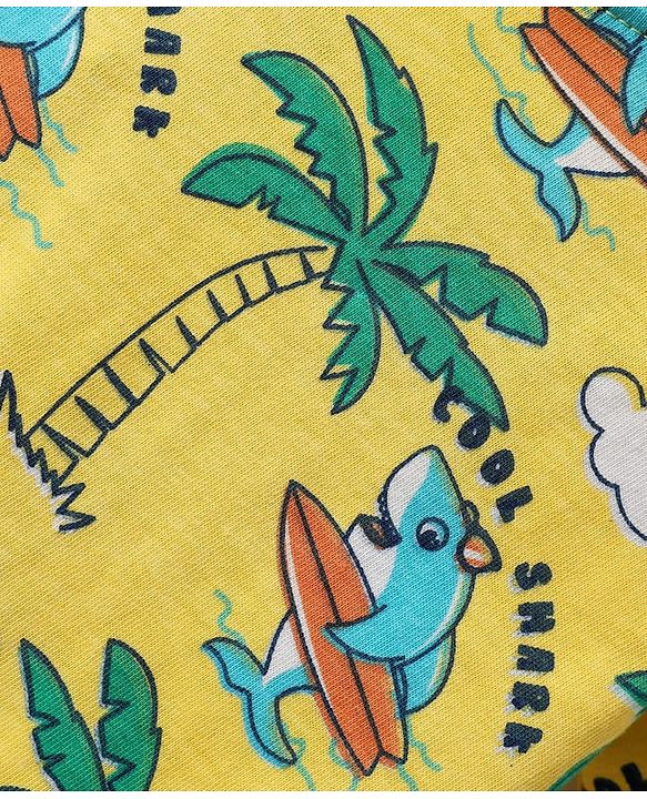 Babyhug Cotton Knit Half Sleeves Co-ords Shorts Night Suit With Beach Theme Print - Yellow