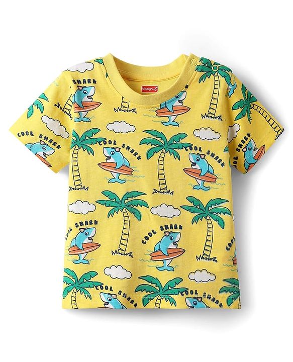 Babyhug Cotton Knit Half Sleeves Co-ords Shorts Night Suit With Beach Theme Print - Yellow