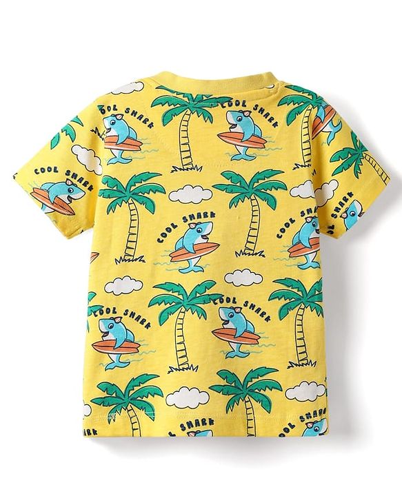 Babyhug Cotton Knit Half Sleeves Co-ords Shorts Night Suit With Beach Theme Print - Yellow