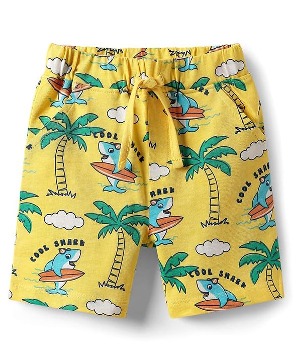 Babyhug Cotton Knit Half Sleeves Co-ords Shorts Night Suit With Beach Theme Print - Yellow