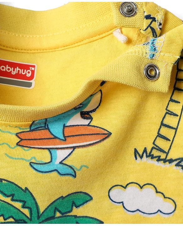 Babyhug Cotton Knit Half Sleeves Co-ords Shorts Night Suit With Beach Theme Print - Yellow