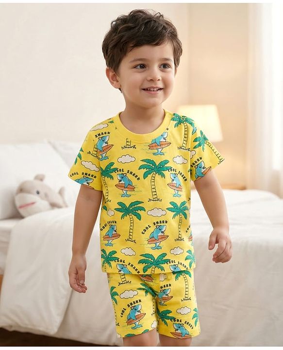 Babyhug Cotton Knit Half Sleeves Co-ords Shorts Night Suit With Beach Theme Print - Yellow