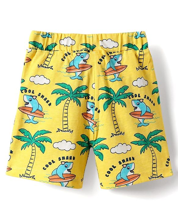 Babyhug Cotton Knit Half Sleeves Co-ords Shorts Night Suit With Beach Theme Print - Yellow