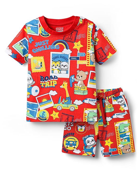 Babyhug Cotton Knit Half Sleeves Co-ords Shorts Night Suit With Animals Print - Red