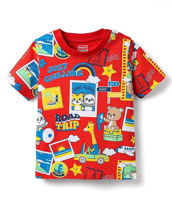 Babyhug Cotton Knit Half Sleeves Co-ords Shorts Night Suit With Animals Print - Red