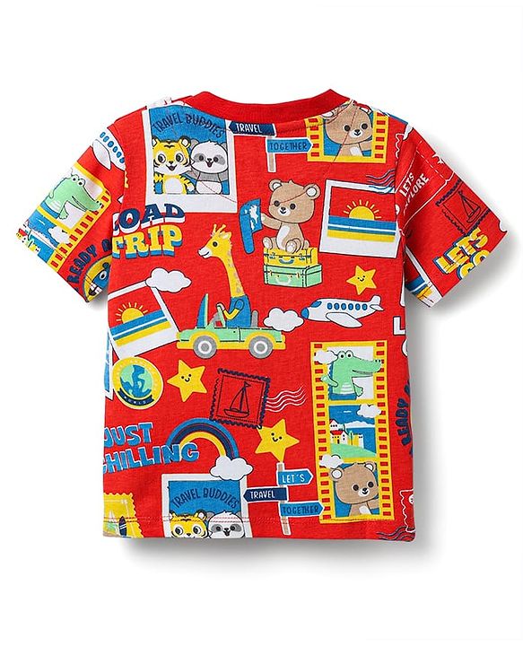 Babyhug Cotton Knit Half Sleeves Co-ords Shorts Night Suit With Animals Print - Red