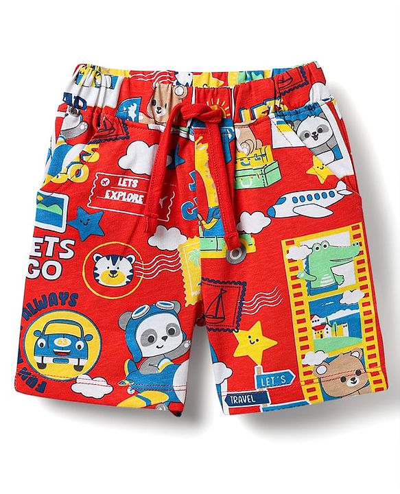 Babyhug Cotton Knit Half Sleeves Co-ords Shorts Night Suit With Animals Print - Red