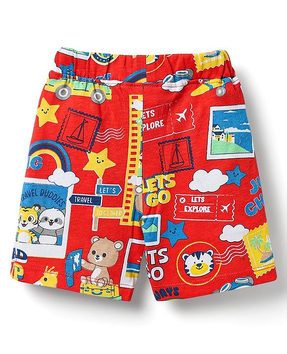 Babyhug Cotton Knit Half Sleeves Co-ords Shorts Night Suit With Animals Print - Red