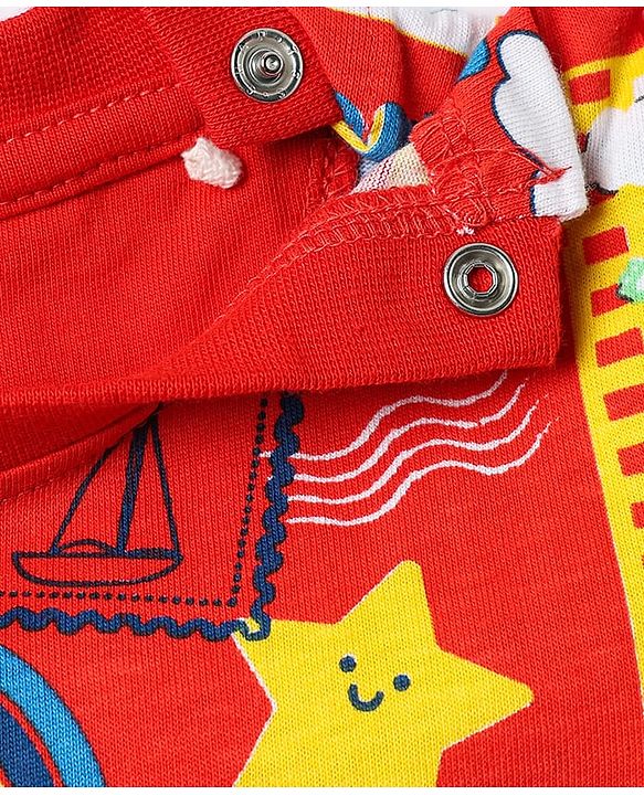 Babyhug Cotton Knit Half Sleeves Co-ords Shorts Night Suit With Animals Print - Red