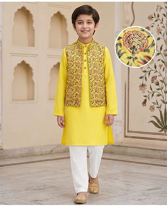 Pine Kids Cotton Woven Full Sleeves Kurta Pyjama Set with Jacket Floral Print - Yellow
