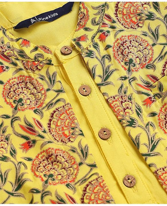 Pine Kids Cotton Woven Full Sleeves Kurta Pyjama Set with Jacket Floral Print - Yellow