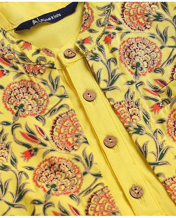 Pine Kids Cotton Woven Full Sleeves Kurta Pyjama Set with Jacket Floral Print - Yellow