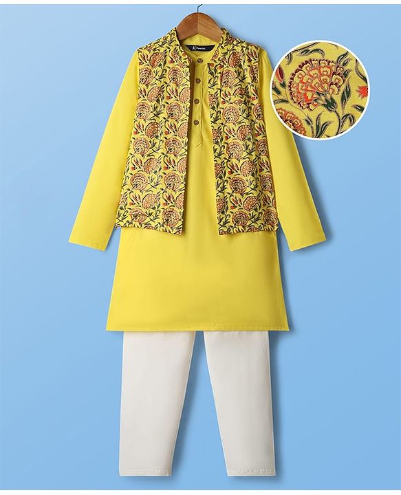 Pine Kids Cotton Woven Full Sleeves Kurta Pyjama Set with Jacket Floral Print - Yellow
