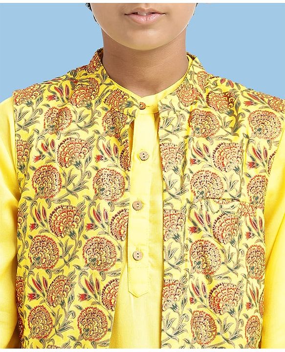 Pine Kids Cotton Woven Full Sleeves Kurta Pyjama Set with Jacket Floral Print - Yellow