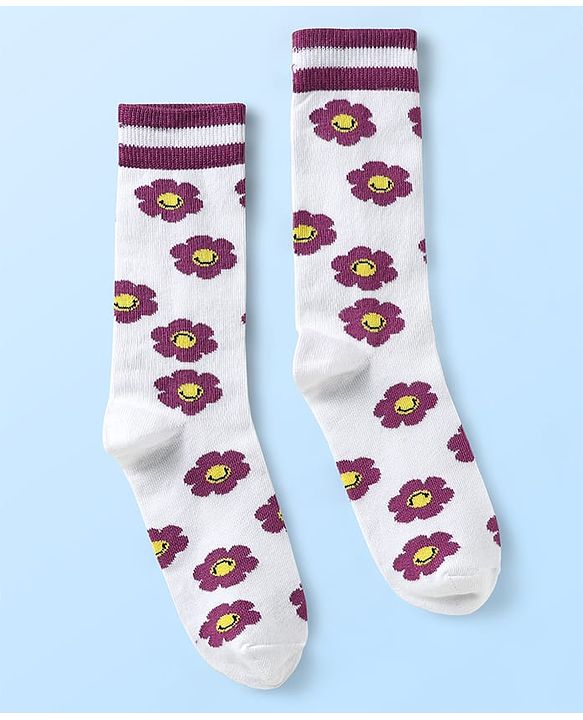 Pine Kids Cotton Knit Ankle Length Socks with Floral Design Pack of 3 (Color May Vary)