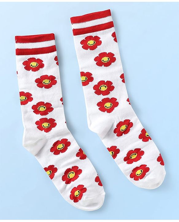 Pine Kids Cotton Knit Ankle Length Socks with Floral Design Pack of 3 (Color May Vary)