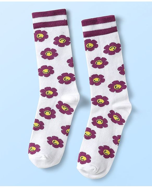 Pine Kids Cotton Knit Ankle Length Socks with Floral Design Pack of 3 (Color May Vary)