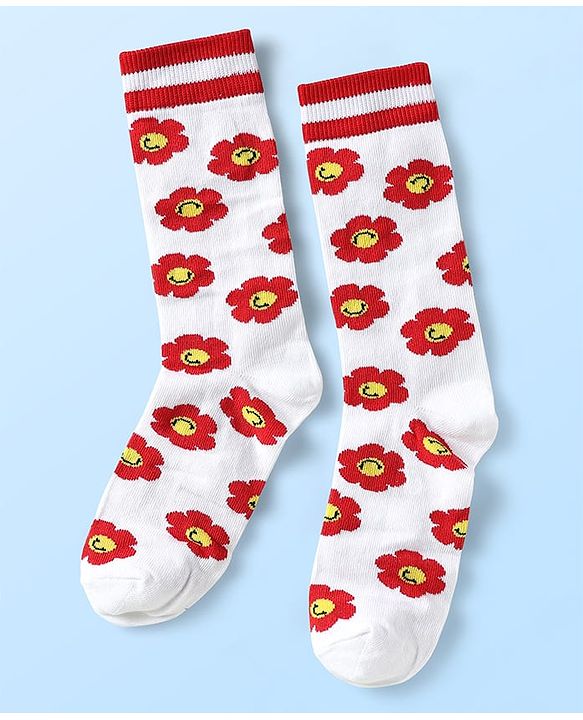 Pine Kids Cotton Knit Ankle Length Socks with Floral Design Pack of 3 (Color May Vary)