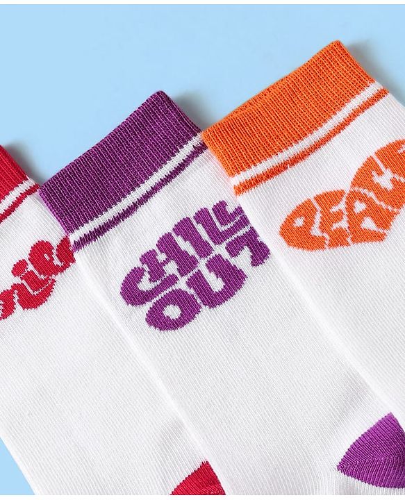 Pine Kids Knit Ankle Length Silvadur Antimicrobial Socks with Chill Out Design Pack of 3 - White Purple & Orange