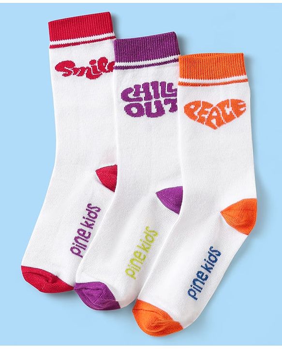 Pine Kids Knit Ankle Length Silvadur Antimicrobial Socks with Chill Out Design Pack of 3 - White Purple & Orange