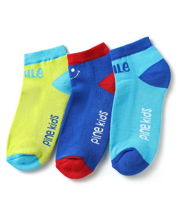 Pine Kids Knit Ankle Length Silvadur Antimicrobial Socks with Text Design Pack of 3 - Blue & Light Green