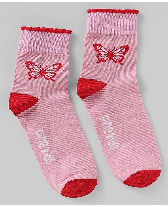 Pine Kids Cotton Knit Ankle Length Socks with Butterfly Design Pack of 5 (Color May Vary)