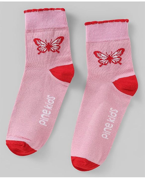 Pine Kids Cotton Knit Ankle Length Socks with Butterfly Design Pack of 5 (Color May Vary)