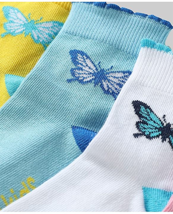 Pine Kids Cotton Knit Ankle Length Socks with Butterfly Design Pack of 5 (Color May Vary)
