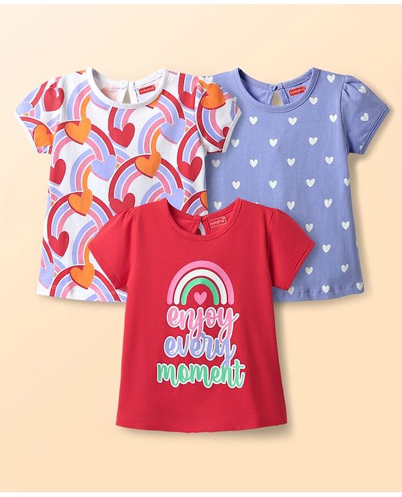 Babyhug 100% Cotton Knit Half Sleeves T-Shirt with Heart & Rainbow Print Pack of 3 - Red White & Lavender