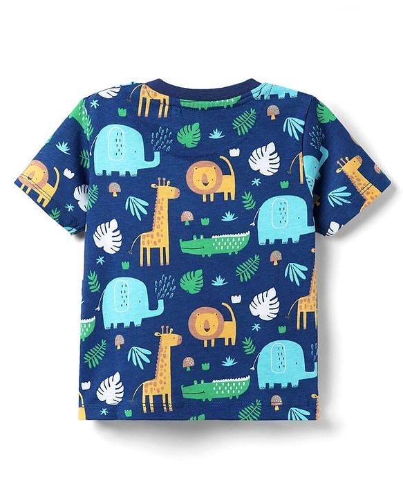 Babyhug Cotton Knit Half Sleeves Co-ords Shorts Night Suit with Jungle Theme Print - Navy Blue