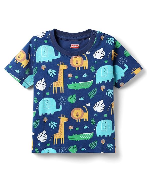 Babyhug Cotton Knit Half Sleeves Co-ords Shorts Night Suit with Jungle Theme Print - Navy Blue